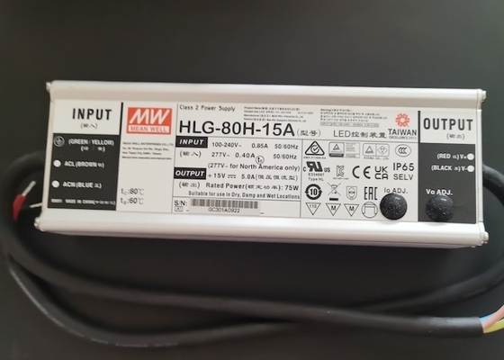 वाटरप्रूफ IP65 एलईडी ड्राइवर 60w 75w 80w HLG-80H-15A 15V 5A निरंतर धारा / वोल्टेज