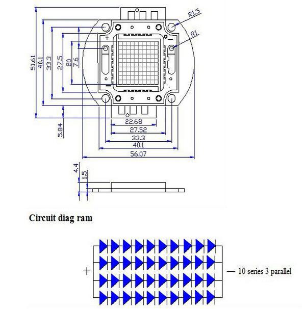 30W High Power LED dimensions diagram showing 56Ã—40mm size specifications